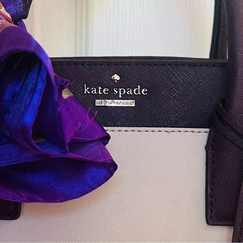 KATE SPADE ~ Two-Tone Cream, Dark Purple, and Lavender Satchel w/Colorful Scarf - Picture 4 of 14